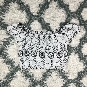 American Eagle Women's White Black Eyelet Off the Shoulder Crop Top Size Small